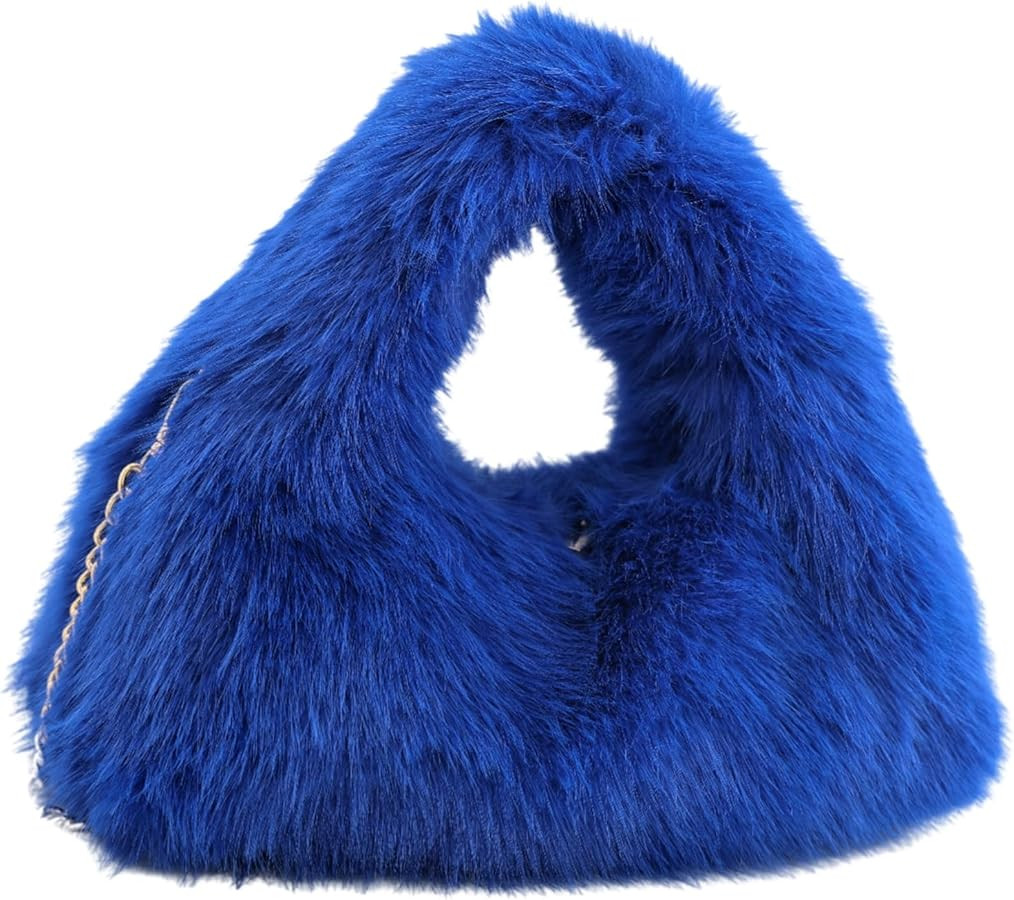 Faux Fur Hobo Handbag Shoulder Bag for Women Trendy Furry Crossbody Purse with Long Chain | Amazon (US)