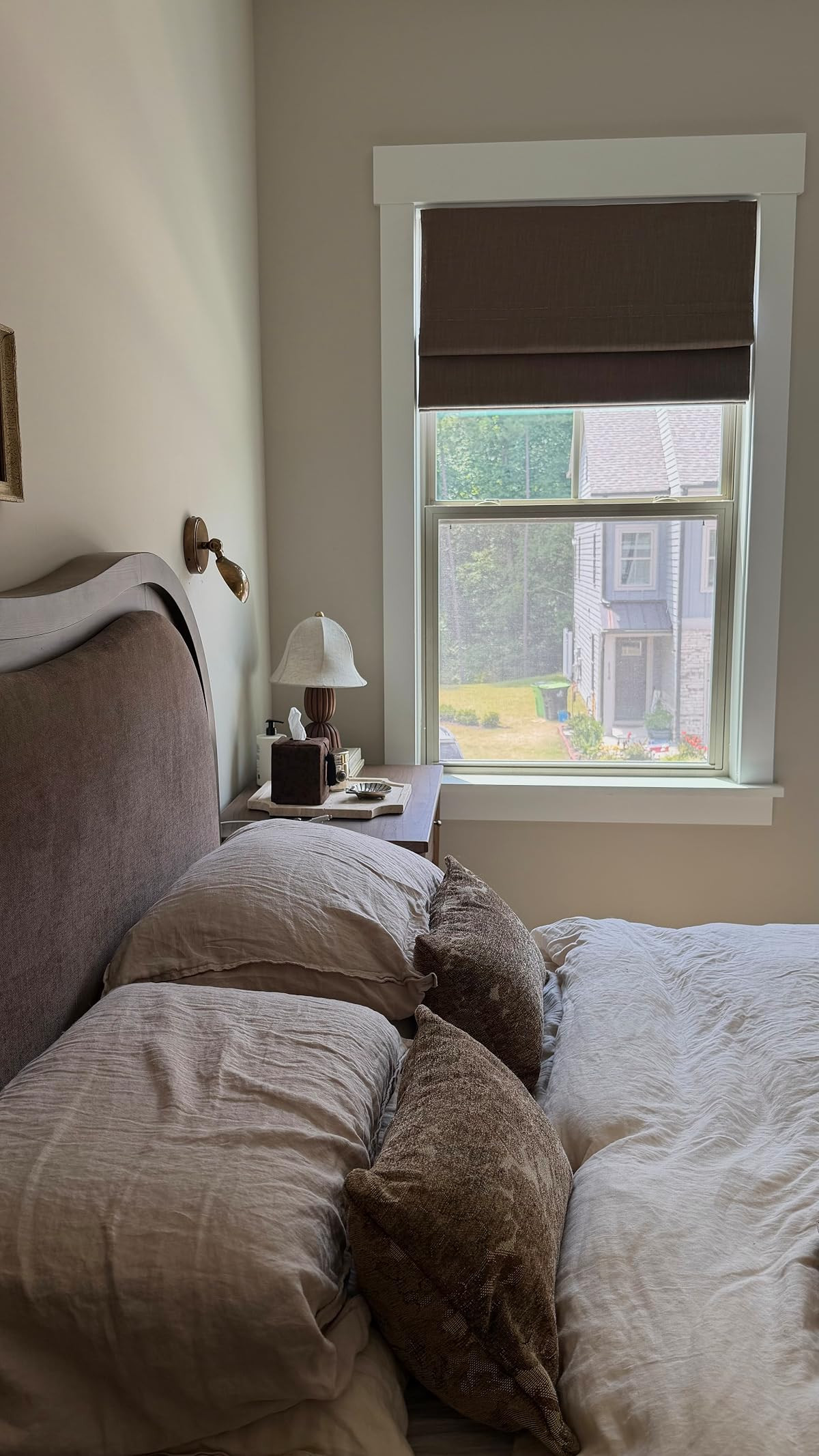 guest bedroom window treatment: 
roman shades: blackout, color: oak dim gray, motorized control | Amazon (US)