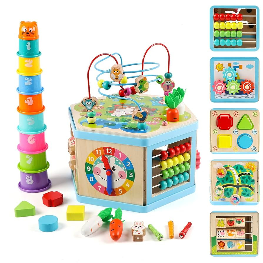 Wooden Activity Cube for 1 Year Old Kids, Educational Learning Bead Maze for Toddler Age 1-3, Dev... | Amazon (US)