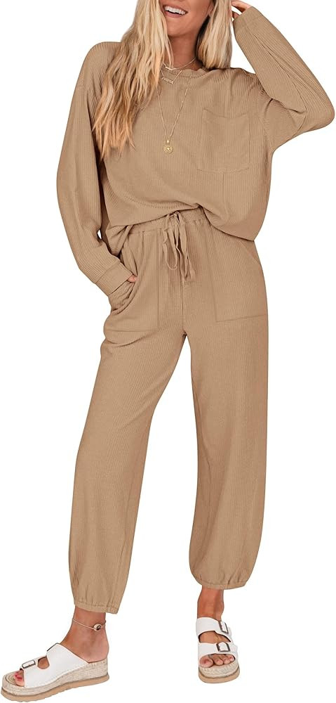 KIRUNDO Lounge Sets for Women Travel Airport Outfits Fashion Lightweight Tops Drawstring Pants Tr... | Amazon (US)