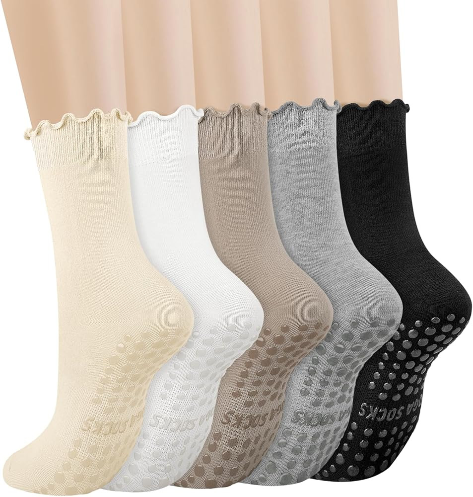 5 Pairs Ruffle Pilates Yoga Socks with Grips for Women, Cute Cotton Frilly Cuff Non Slip Grippy A... | Amazon (US)