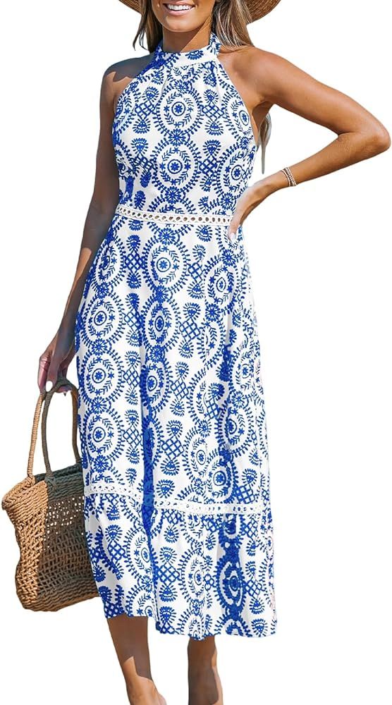 CUPSHE Women's Midi Dress Halter Paisley Sleeveless Cutout Waist Long Beach Boho Summer Dress | Amazon (US)