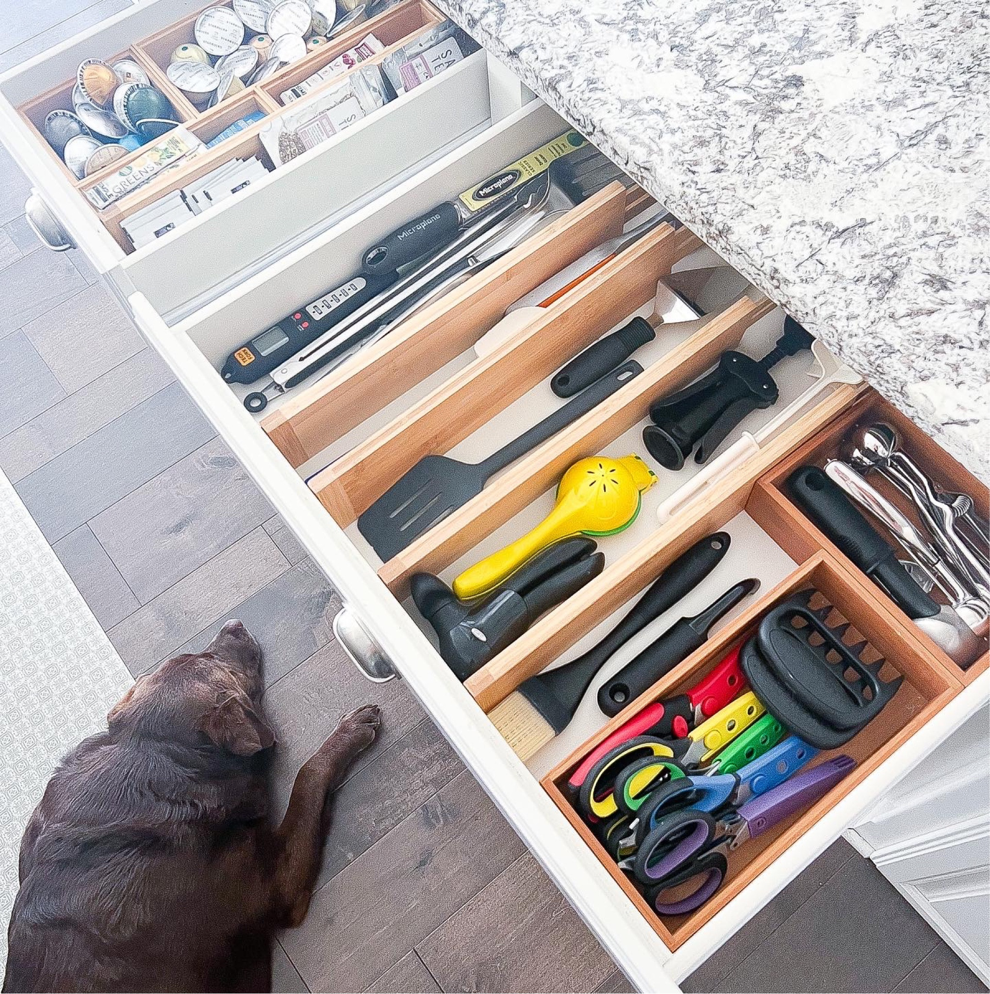 I LOVE an expandable drawer organizer, but sometimes they actually take up more space. These drawers aren’t super deep, so I really need to take advantage of every square inch if I want all of this to comfortably fit. 

💡 These drawer dividers serve the same purpose but give your utensils more room to breathe. 

You can still use bamboo trays to contain the smaller items! Like my 🐻 claws or 17 pairs of kitchen shears. (Need them all 🙏🏻)

Prayers for Daisy, who patiently supported me and sat through this entire ordeal. 🤎

#LTKfamily #LTKhome #LTKunder50