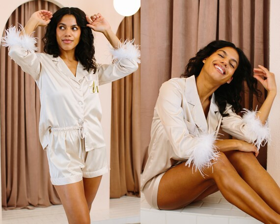 Champagne Pajama Feather Feather Sleeve Pajama Bridesmaid - Etsy | Etsy (US)