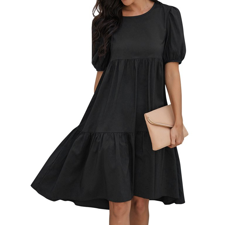 HUBERY Women Crew Neck Short Puff Sleeve Ruffled Keyhole Back Midi Dress | Walmart (US)