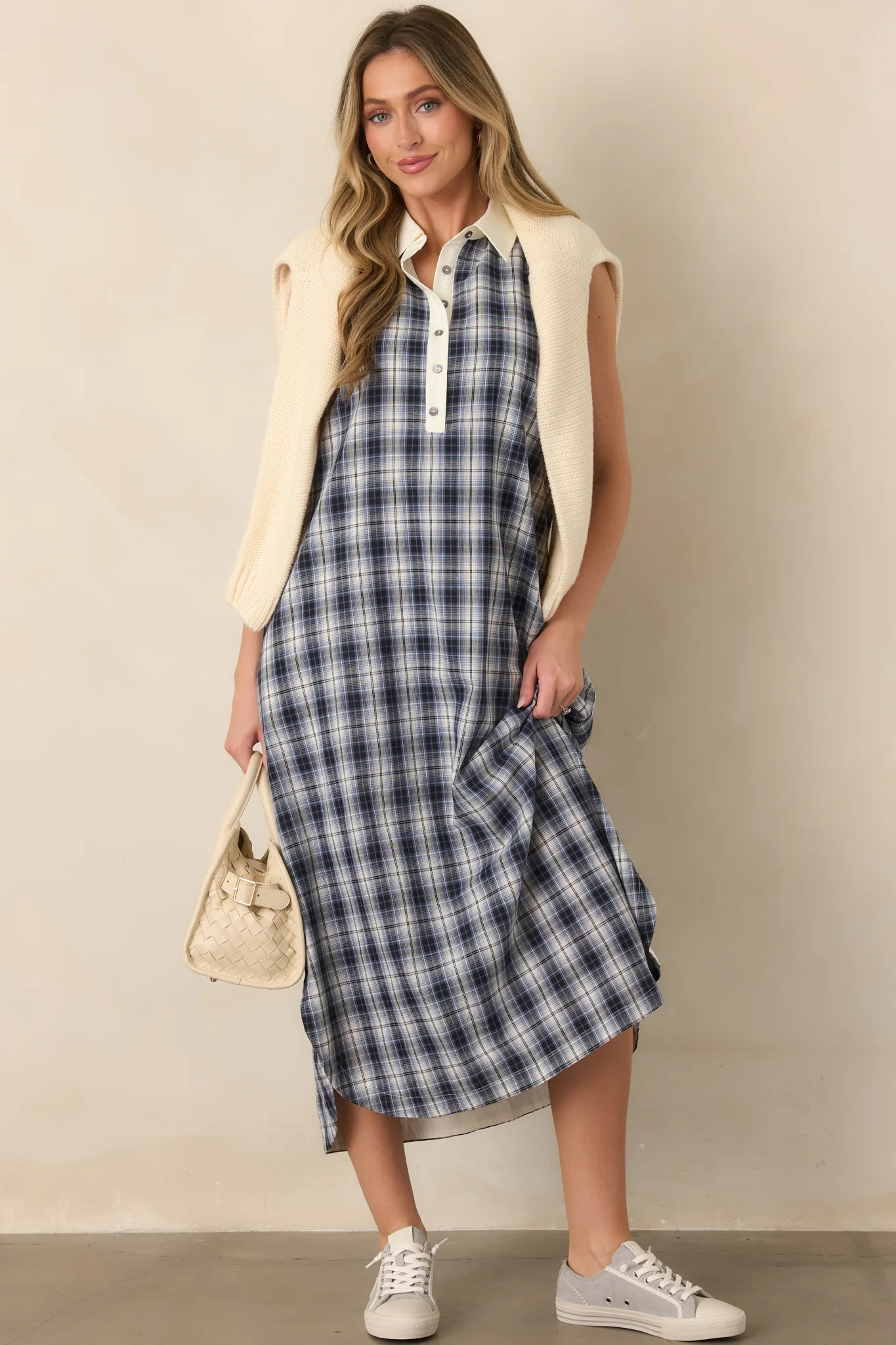 Small Town Story Navy Plaid Cotton Midi Dress | Red Dress