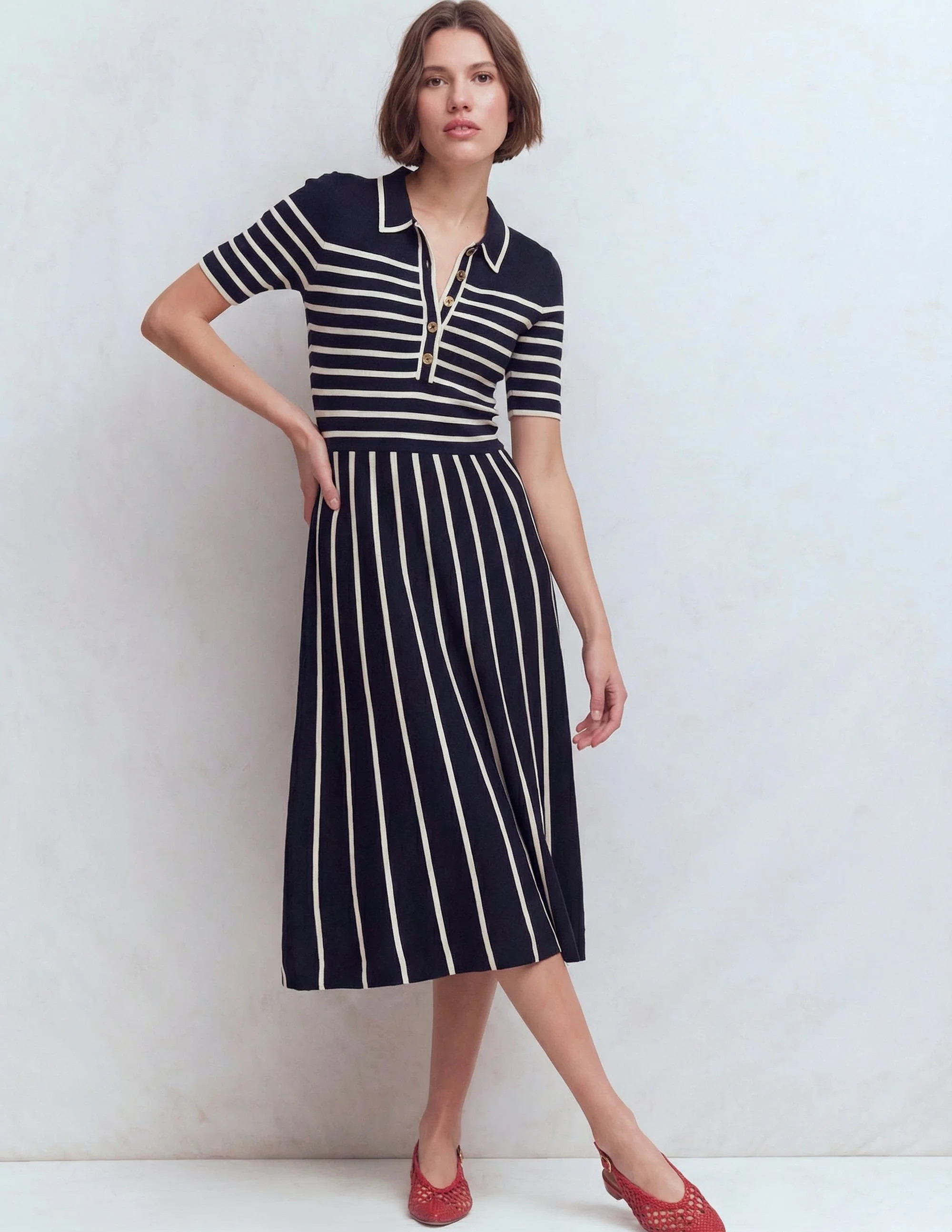 Collared Knitted Midi Dress-French Navy and Ivory Stripe | Boden (US)