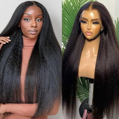 28 Inch Kinky Straight Wig Human Hair - 13X4 Yaki Lace Front Wig, 180 Density Pre Plucked, 3D Dome Cap, Coarse Brazilian Long Yaki Wigs For Black Women | Amazon (US)