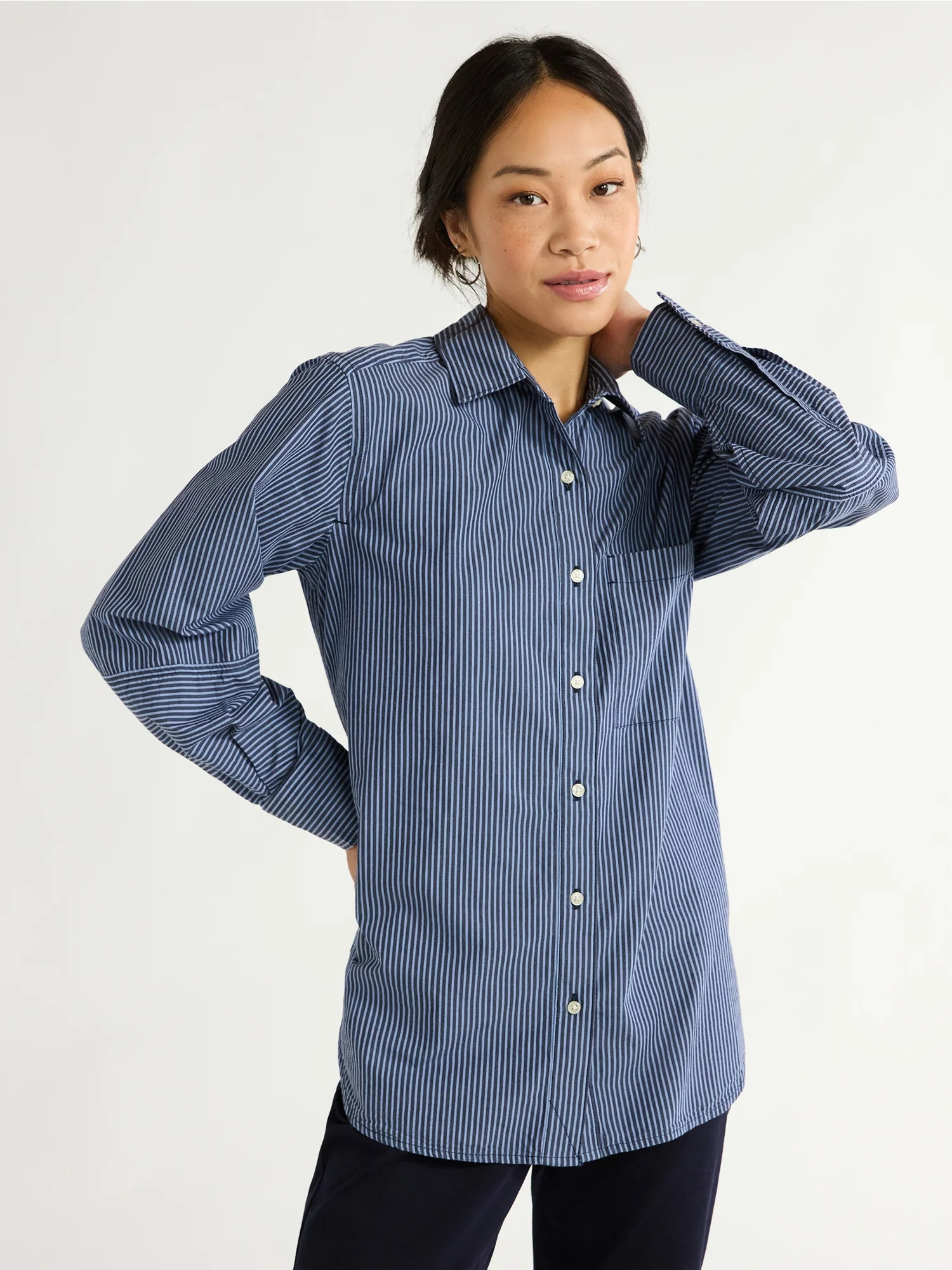 Free Assembly Women’s Button Front Boxy Cotton Tunic Shirt with Long Sleeves, Sizes XS-XXL | Walmart (US)