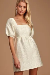 Dreamer's Wish Cream Jacquard Puff Sleeve Babydoll Dress | Lulus (US)