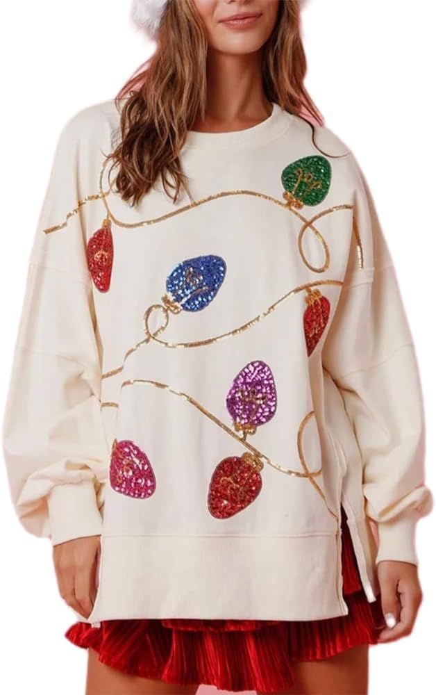 Creaion Women Sequin Christmas Sweater Oversized Long Sleeve Sweatshirt Side Slit Sparkly Glitter... | Amazon (US)