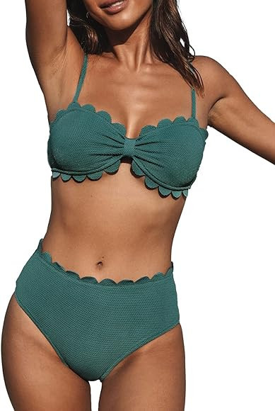 CUPSHE High Waisted Bikini Swimsuits for Women 2 Piece Scalloped Backless Adjustable Straps Bathi... | Amazon (US)