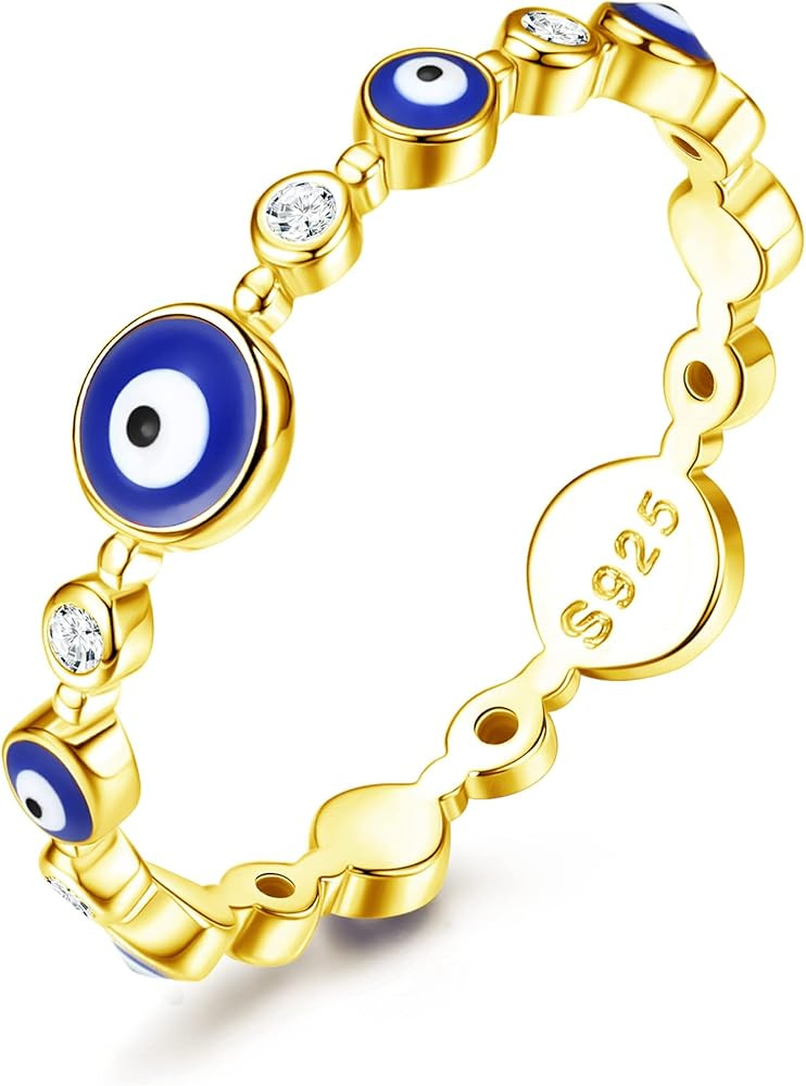 MUSECLOUD 14K Gold Plated Evil Eye Ring for Women White Gold Plated 925 Sterling Silver Evil Eye Rin | Amazon (US)
