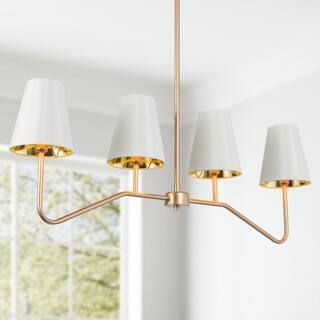 Gold Chandelier 4-Light Modern Vintage Retro Linear Living Room Light with White Fabric Shade | The Home Depot