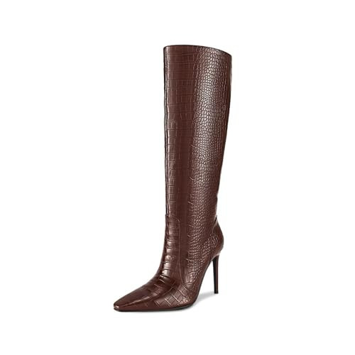 wetkiss Brown Knee High Boots Crocodile Boots for Women Brown Boots for Women Tall Brown Boots for Women Leather Boots Square Toe Knee High Stiletto Boots Snake Skin Boots for Woman | Amazon (US)
