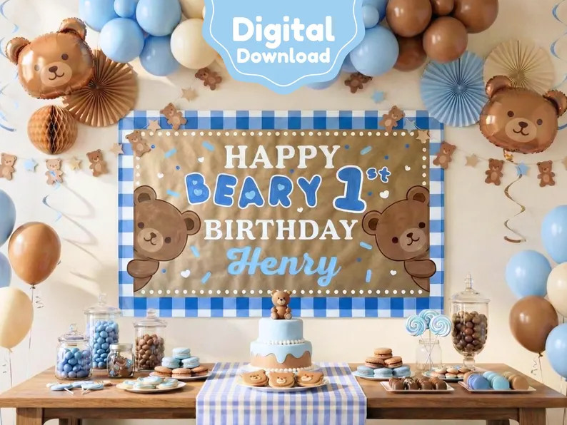 Blue Gingham Little Beary 1st Birthday Banner | Happy First Birthday Teddy Bear Boy Sign | DIY 5x... | Etsy (US)