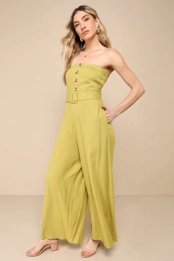 Lighthearted Days Green Linen Belted Strapless Wide-Leg Jumpsuit | Lulus