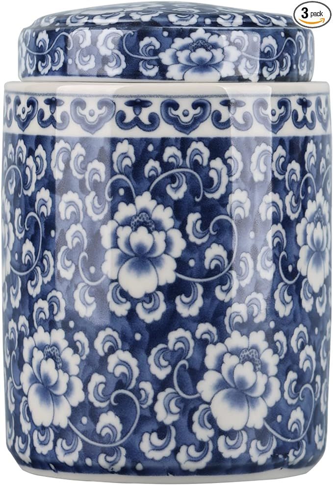 Chinese Traditional Antique Style Blue and White Porcelain Ginger Jar Ceramic Covered Jar Flower ... | Amazon (US)