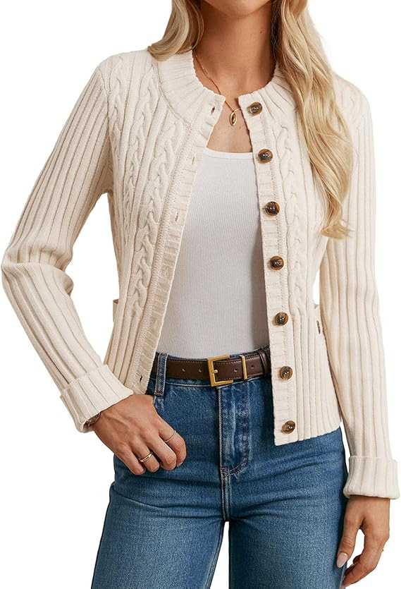 GRACE KARIN Women Cable Knit Button Up Sweater, Crewneck Cropped Cardigan, Early Fall Fashion Out... | Amazon (US)