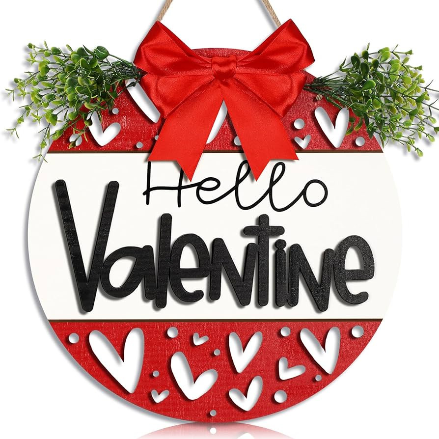Seeloowy 3D Valentine's Day Wooden Door Sign Hello Valentine Door Hanger with Bow Eucalyptus Vale... | Amazon (US)