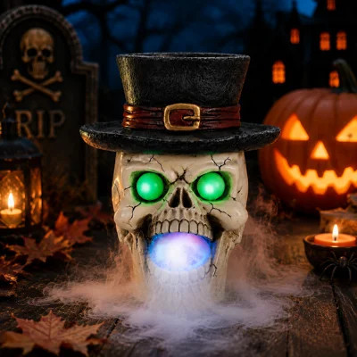 Halloween Fogging Skull Decor with Top Hat, Light Up Skeleton Mist Maker Statue | Wayfair North America