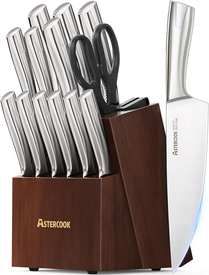Astercook Knife Set, Kitchen Knives Set with Block and Sharpener Full Tang 15 Pcs Premium Stainle... | Amazon (US)