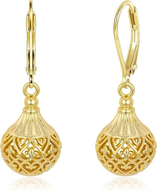 925 Sterling Silver Earrings Hypoallergenic Leverback 14K Gold Plated Dangle Ball Filigree Earrin... | Amazon (US)