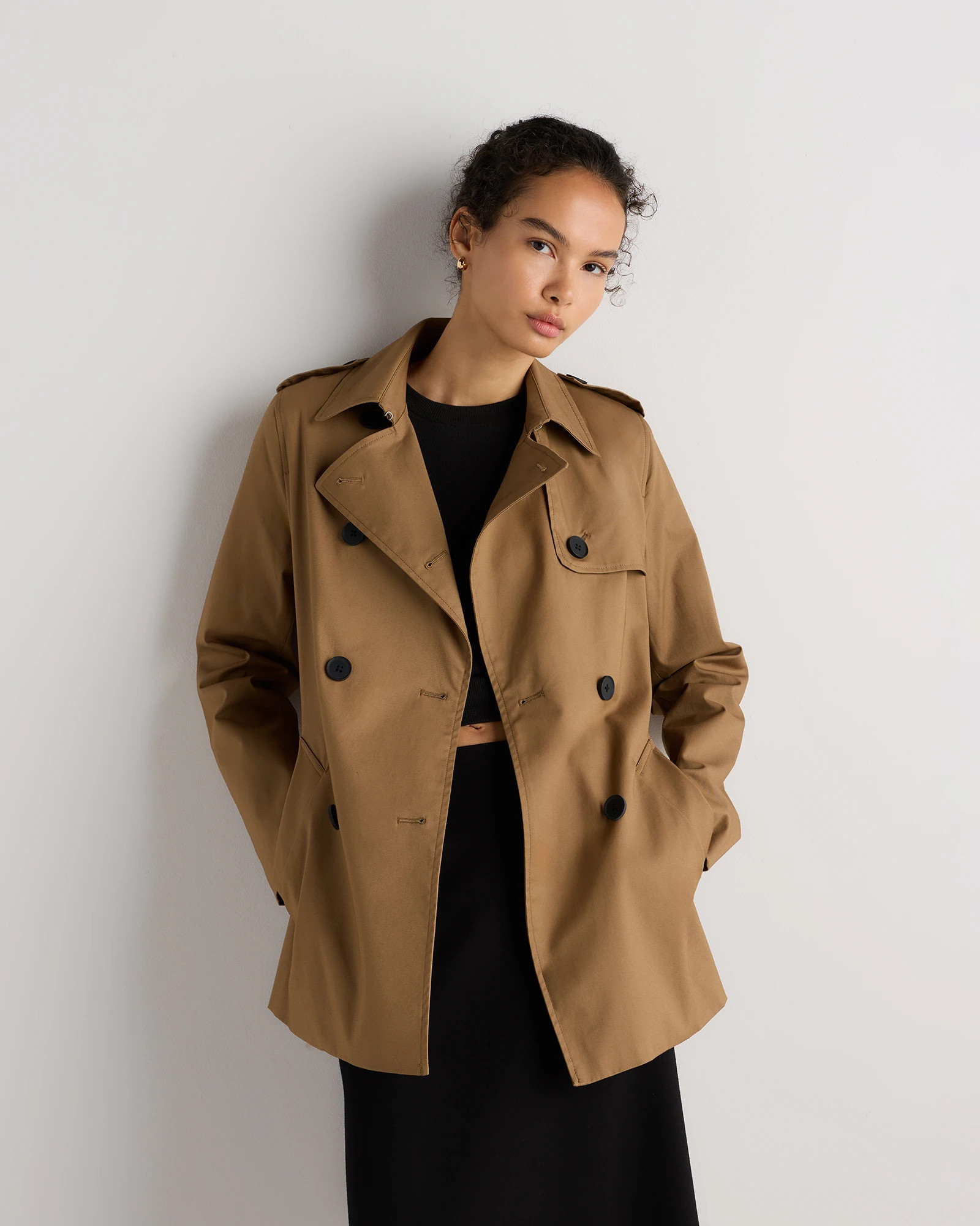 Quince | Women's Comfort Stretch Short Trench Coat in Light Khaki, Size XS, Organic Cotton | Quince
