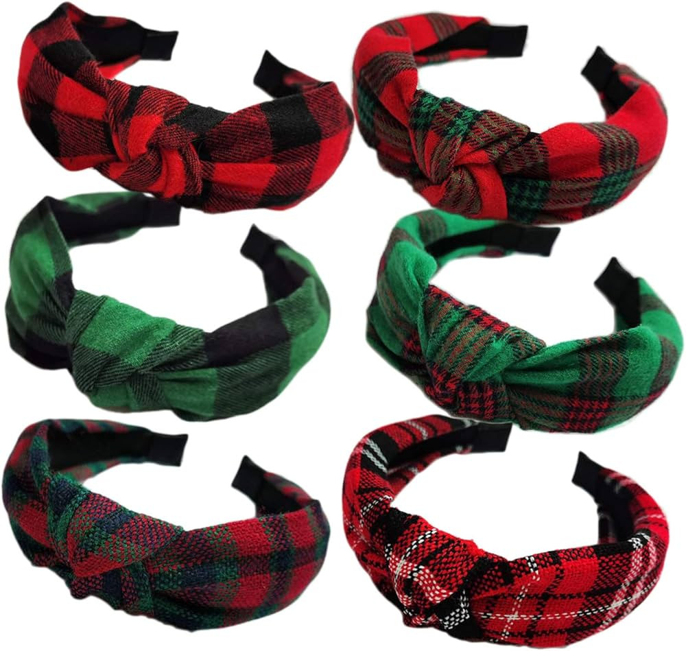 6PCs Christmas Knotted Plaid Headbands Fashion Vintage Turban Green Hair Band Retro Wide St. Patr... | Amazon (US)