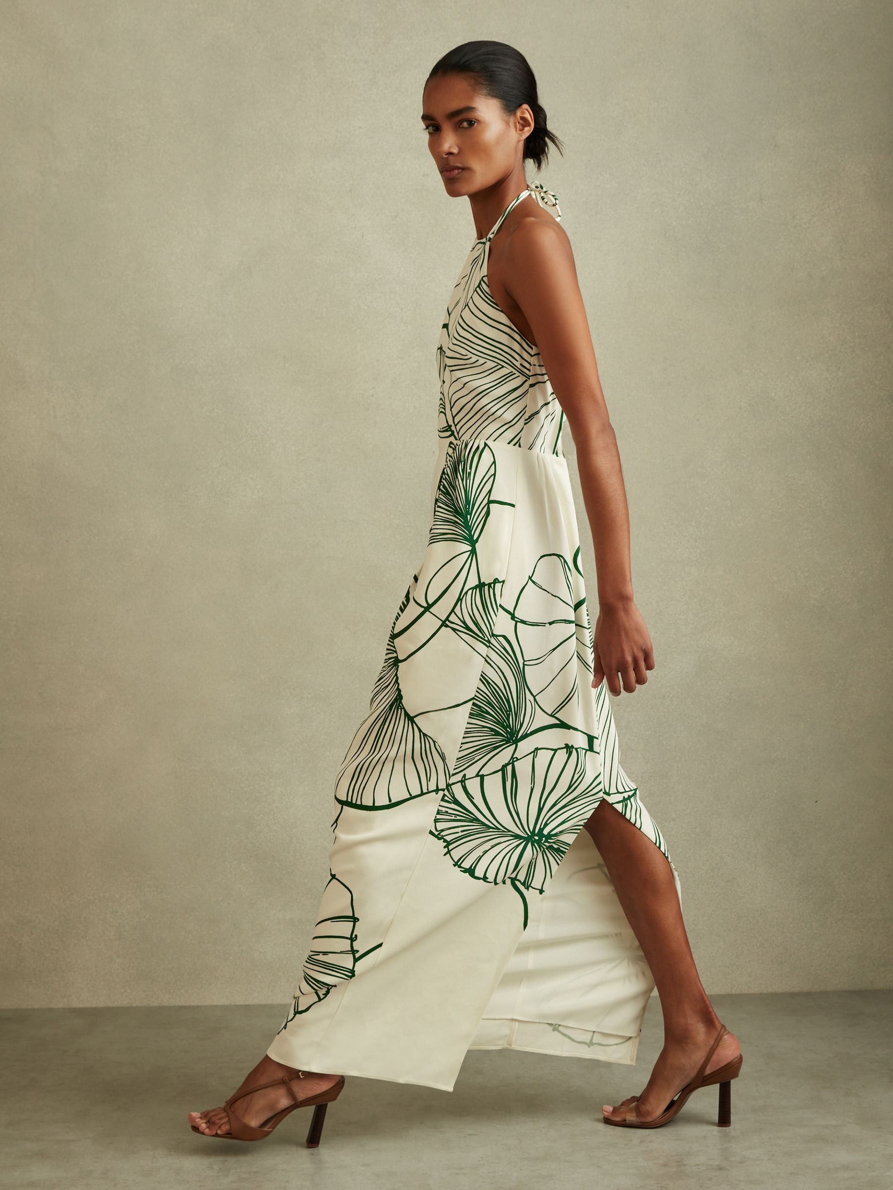 Reiss Floral Sketch Halter Neck Maxi Dress in White/Green - REISS | Reiss UK