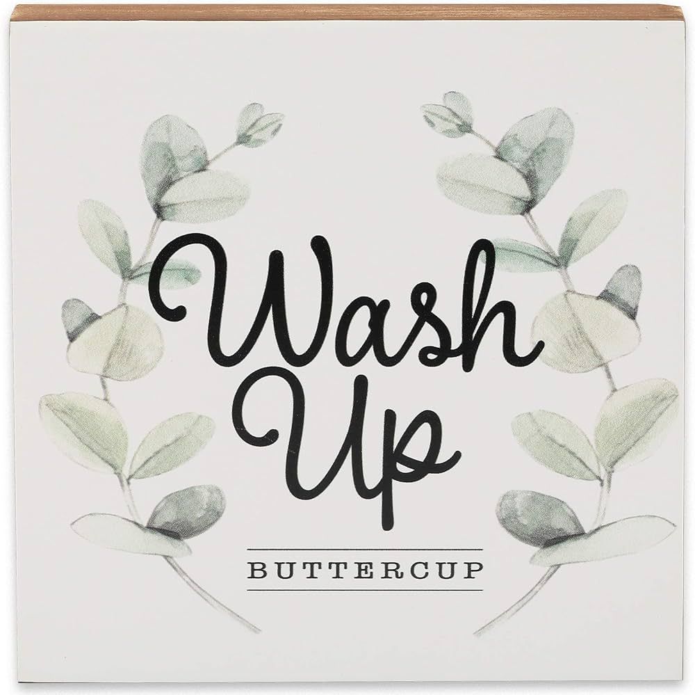 Wash Up Buttercup Wood Wall Decor - Cute Box Sign For Bathroom or Kitchen | Amazon (US)