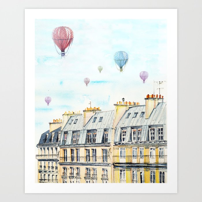 Architecture Paris and air balloon watercolor Art Print by liliyakovalenko | Society6