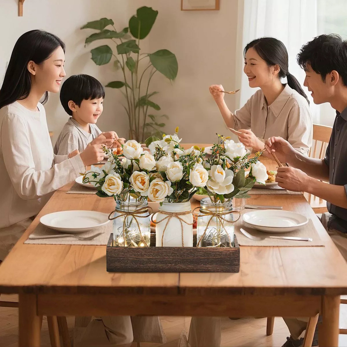 3 PCS Mason Jar Centerpiece for Table with Artificial Flowers, Coffee Table Decor with Wood Tray,... | Target