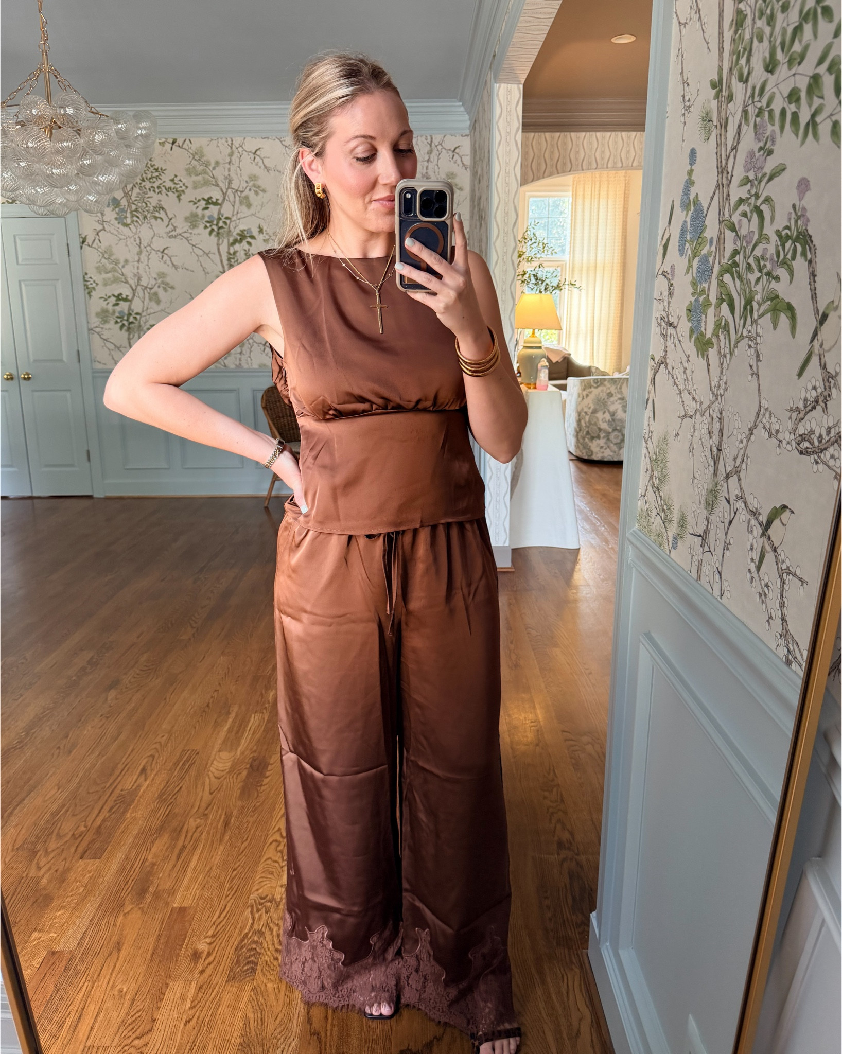Love this silky brown set from petal and pup. Wearing medium in top and bottom. Everything exact is linked including jewelry and Amazon shoes (Prada dupes)!
