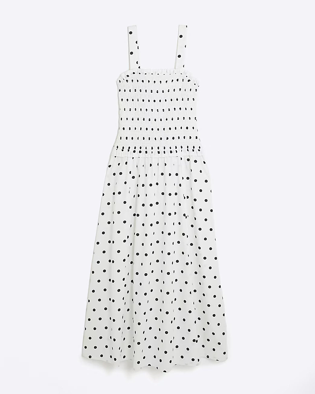 White Polka Dot Shirred Midi Dress | River Island UK & IE