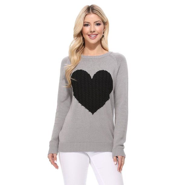 YEMAK Women's Pullover Sweater Long Sleeve Crewneck Cute Heart Cable Knit MK3506 (S-L)-GREY/BLACK... | Walmart (US)