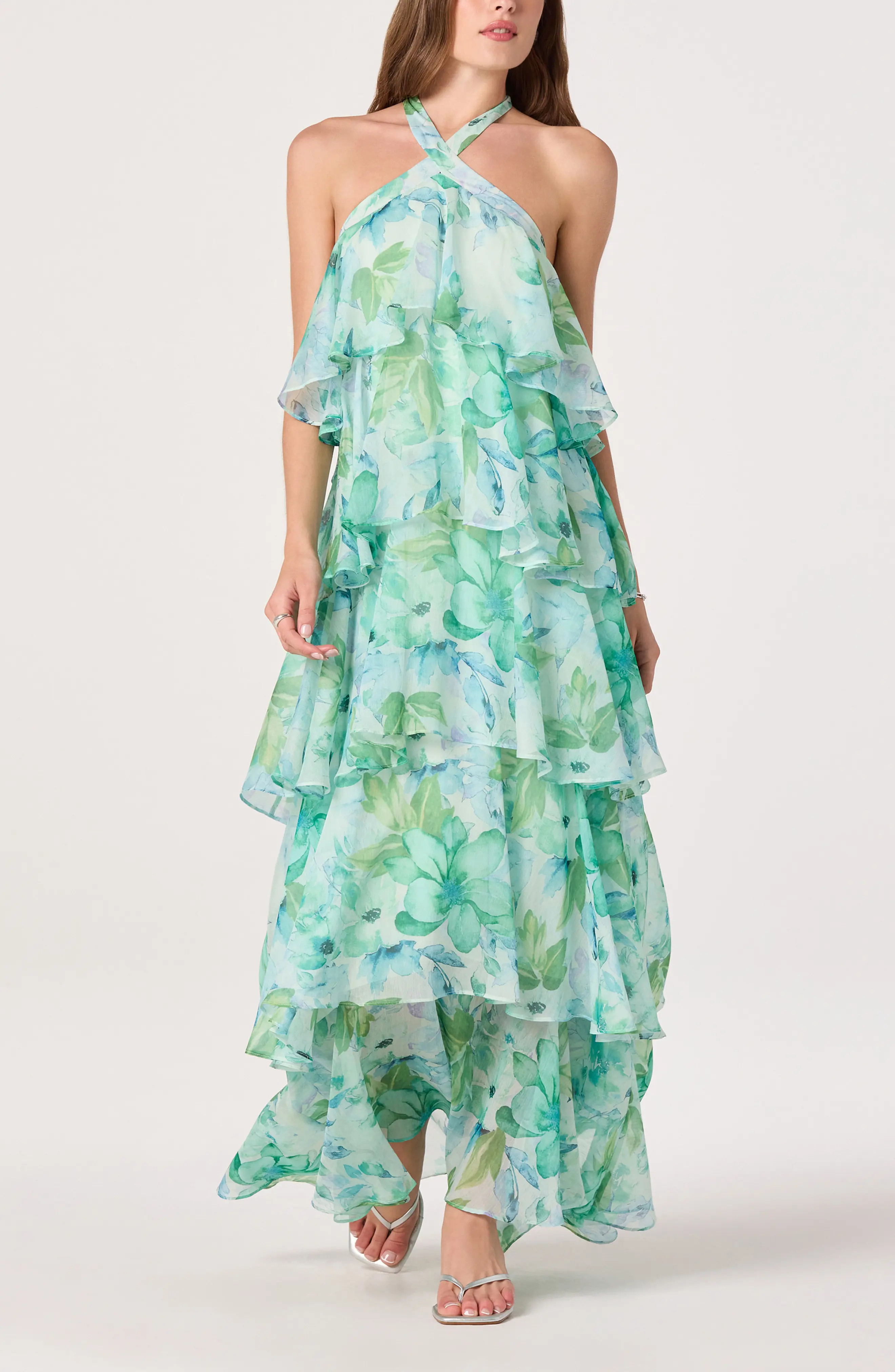 ASTR the Label Daiga Print Chiffon Halter Maxi Dress in Green Floral at Nordstrom, Size Medium | Nordstrom