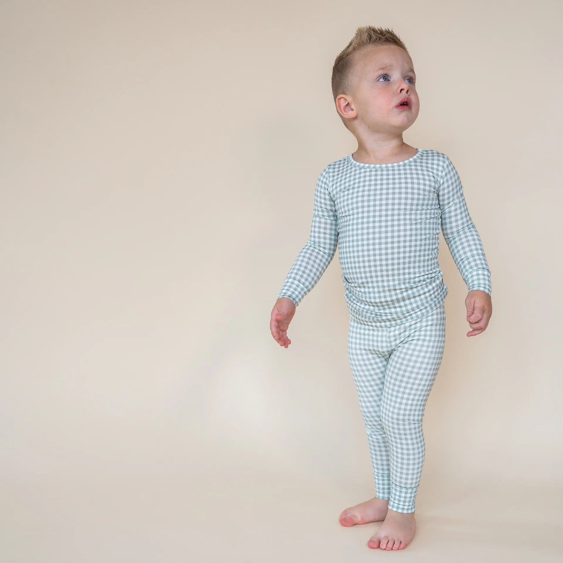 Sage Gingham Two Piece Pajamas | Hucklebaby