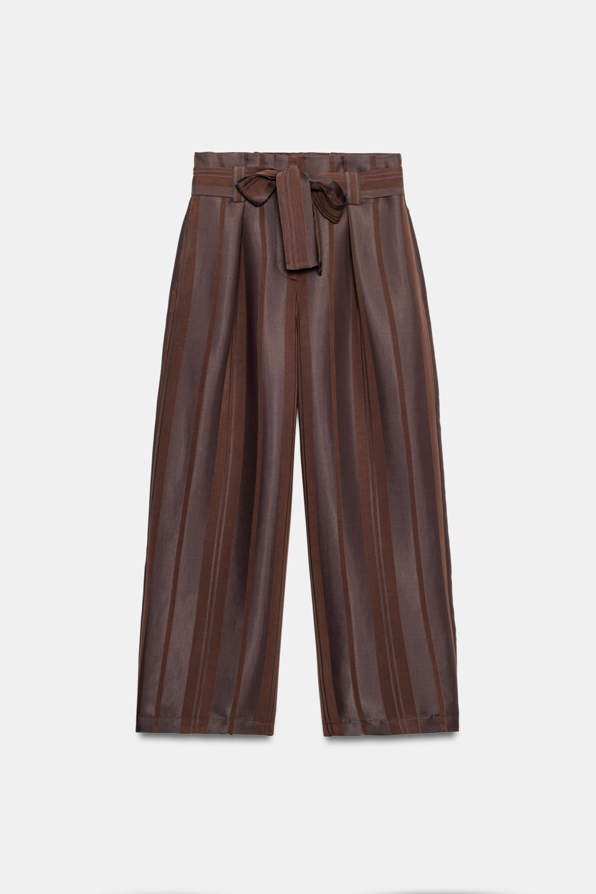 Zara - Striped Belted Paperbag Trousers - Brown - Xs - Woman | Zara US