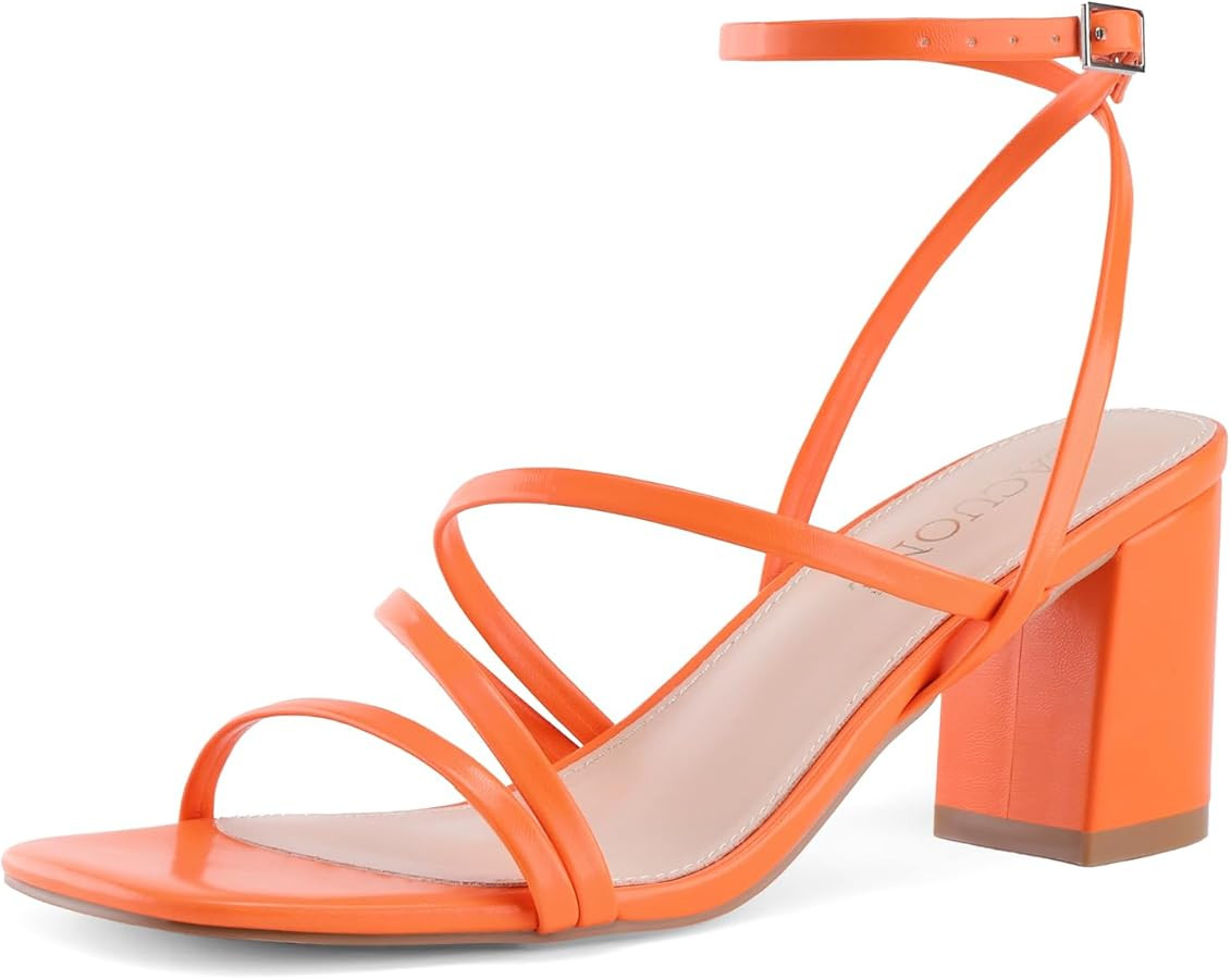 LACUONE Strappy Heels for women Block Heels Square Toe Chunky Ankle Buckle Pump Heeled Sandals | Amazon (US)