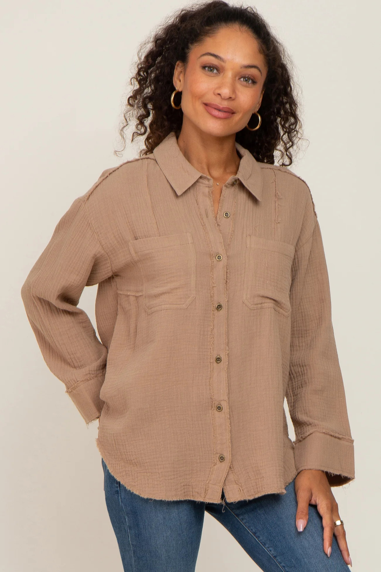 Mocha Button Down Collared Frayed Top | PinkBlush Maternity