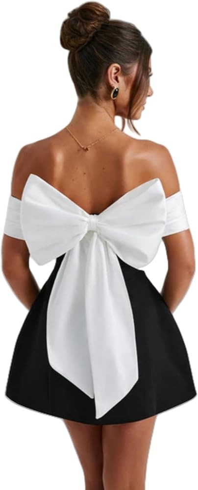 AIBEARTY Women's Elegant Big Bow Off Shoulder Mini Dress Sexy Strapless Backless Party Cocktail E... | Amazon (US)