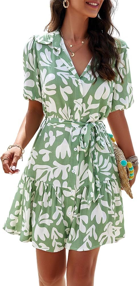 Womens Button Down Short Sleeve Dress for Women with Belt Casual Spring Summer Beach Sun Dress fo... | Amazon (US)