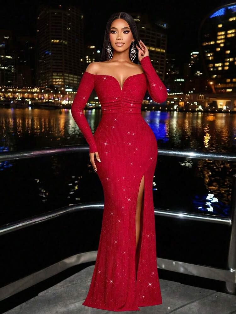 SOLERSUN Elegantes Damen Cocktailkleid mit V-Ausschnitt, Off-Shoulder Silhouette und Meerjungfrau... | SHEIN