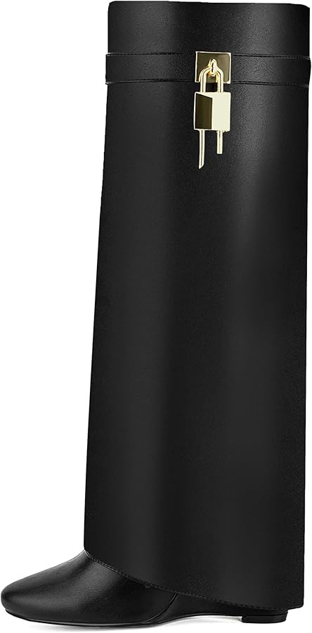 Fold Over Knee High Boots for Women Pointy Pull-on Wedge Heel Knee Shark Boot With Side Zipper Co... | Amazon (US)