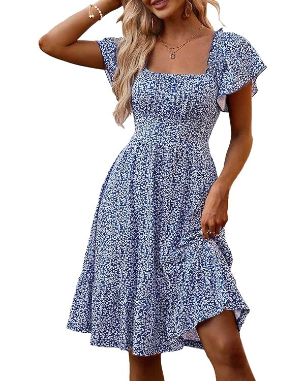 TORARY Cute Summer Dresses for Women 2024 Flutter Sleeve Square Neck Casual Spring Sundresses | Amazon (US)