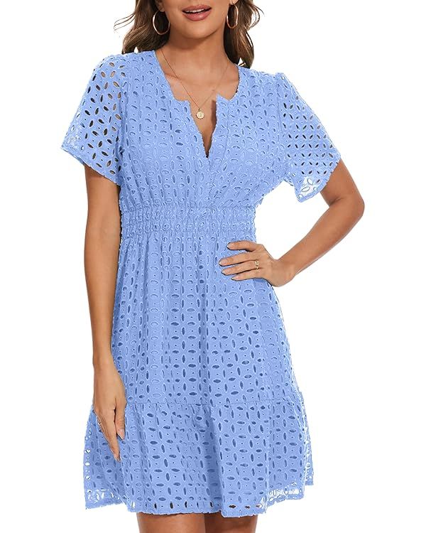 Women Summer Eyelet Lace Dress Casual V Neck Mini A Line Hollow Out Embroidered Formal Dress Sund... | Amazon (US)