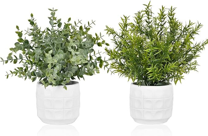 Hamore 2 Pack Potted Artificial Eucalyptus Plants Small Artificial Potted Plants Faux Plastic Euc... | Amazon (US)