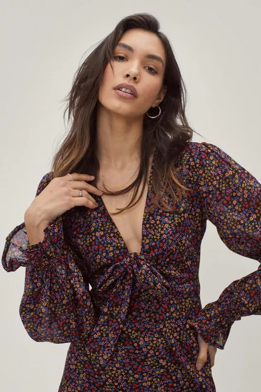 Tie Front Ditsy Printed Midi Dress | Nasty Gal (US)