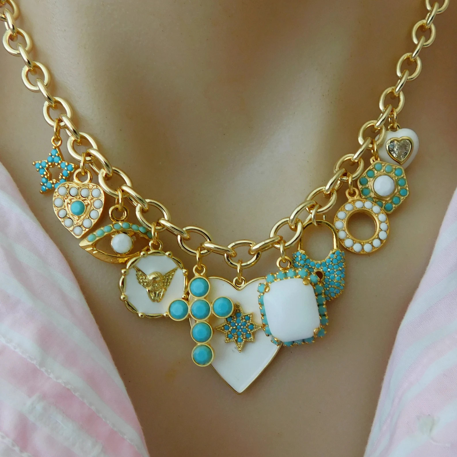 Mixed Charm Necklace, Heart Charm Necklace in Gold Turquoise and White, Enamel Heart and Evil Eye... | Etsy (US)